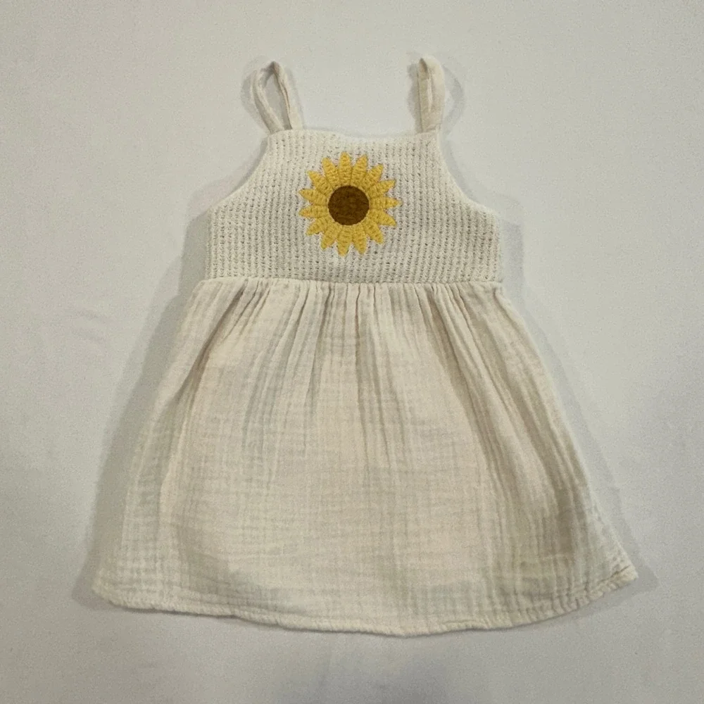 Old Navy Sunflower Gauze Dress Baby Girl 6-12M Cream Smocked Back | Cottagecore